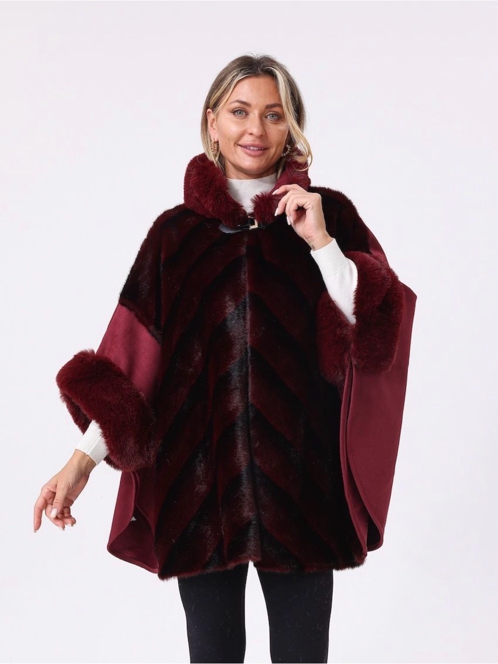 Burgundy Faux Fur Poncho Sweater